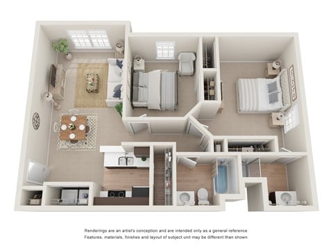 Floor plan for 2 beds, 2 baths, 939 sqft